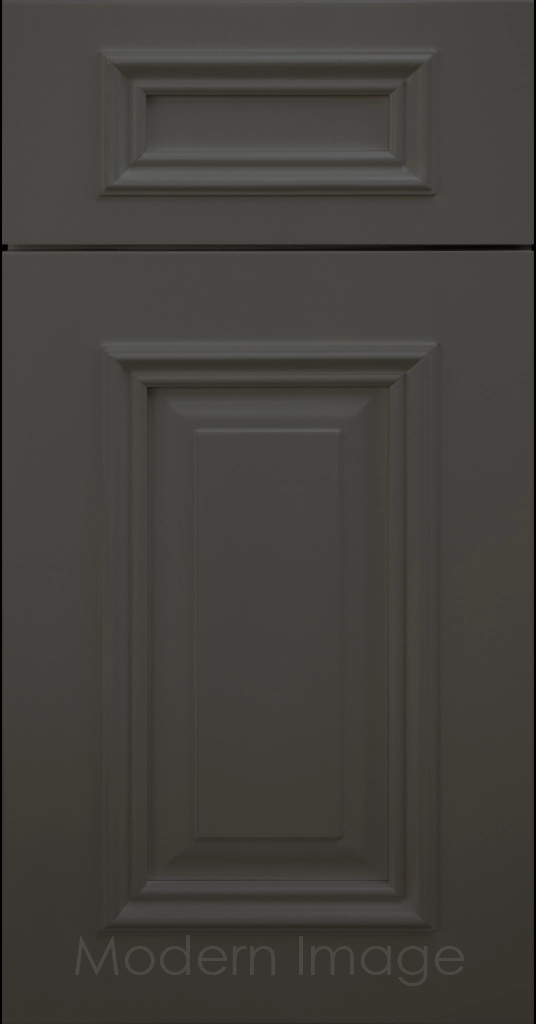 Heritage custom cabinets in a Iron Ore finish with classic raised panel doors and modern flat slab drawers.